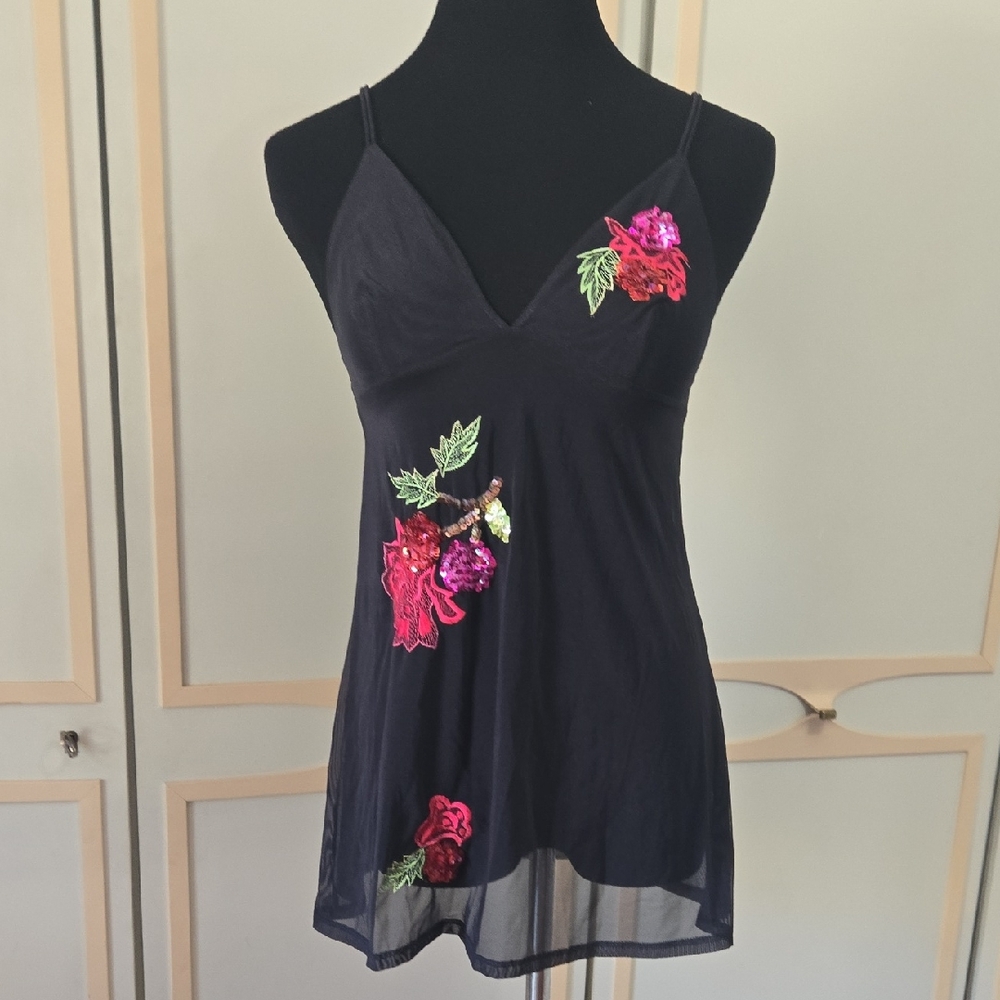 Victoria's Secret Chemise Top in Sheer Black Nylon w/Floral Applique & Sequin~ M